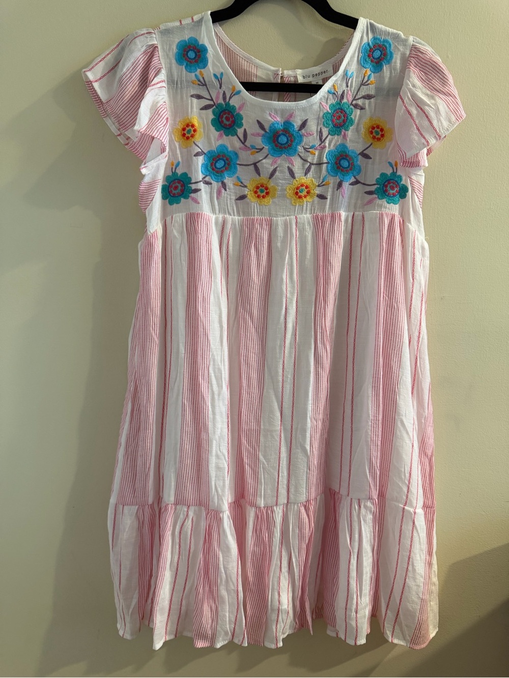 New! Blu Pepper White & Pink Striped Dress with Blue & Yellow Floral Embroidery